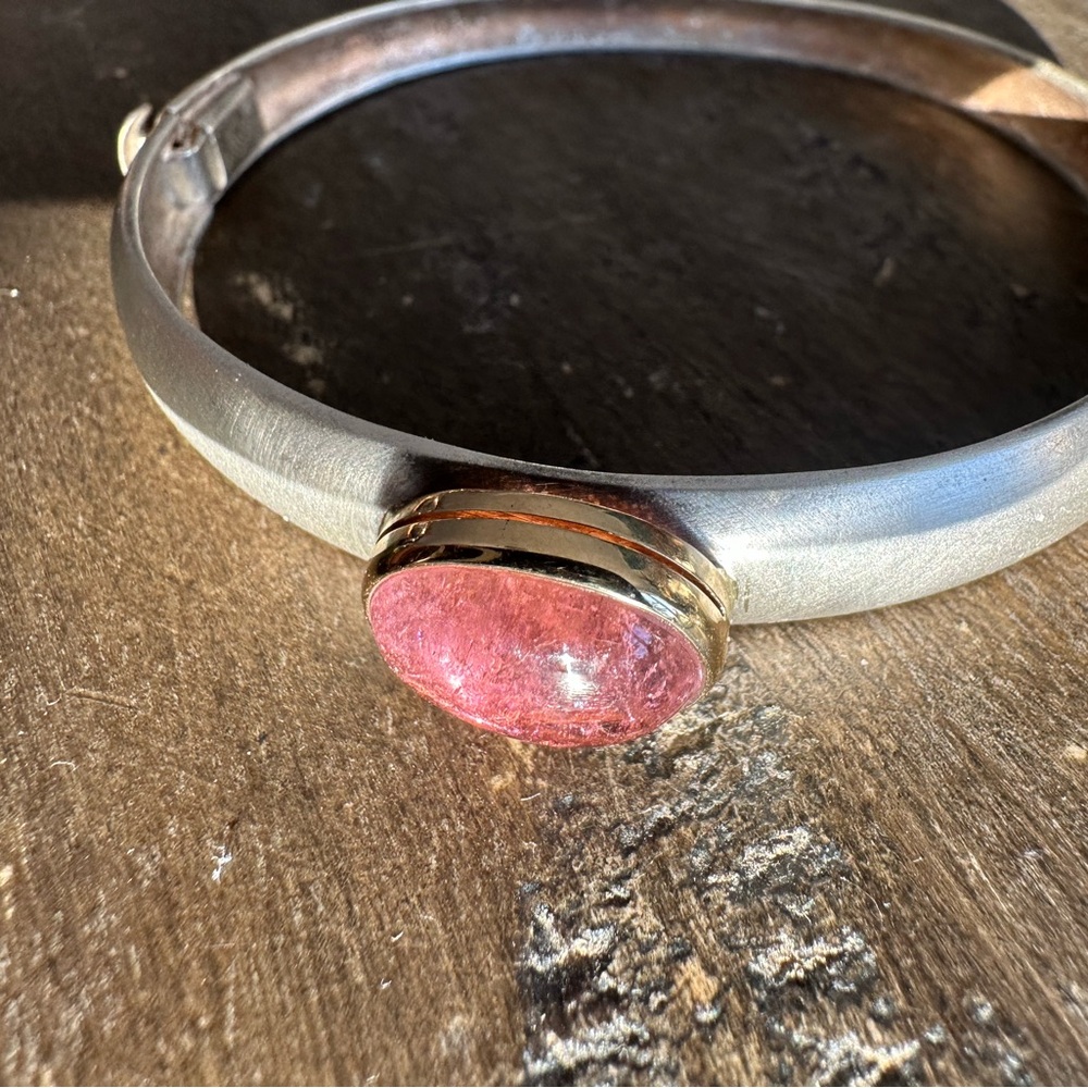 80s VTG 925 Silver & Pink Tourmaline Stone with 18k Gold Trim Bracelet